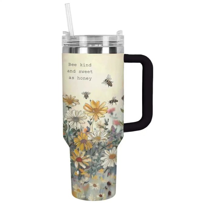 Bee Custom Stanley Quencher 40Oz Stainless Steel Tumbler With Handle