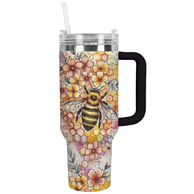 Bee Custom Stanley Quencher 40Oz Stainless Steel Tumbler With Handle