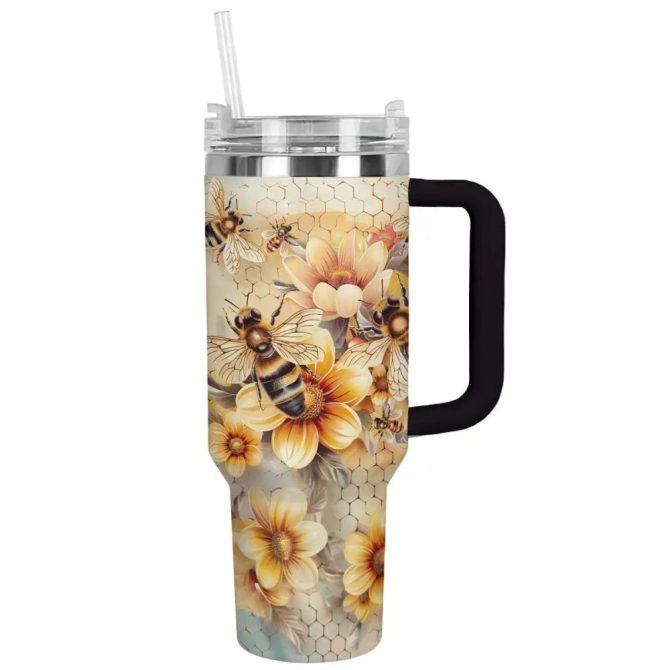 Bee Custom Stanley Quencher 40Oz Stainless Steel Tumbler With Handle