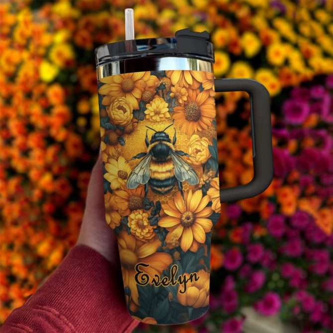 Bee With Sunflowers Custom Stanley Quencher 40Oz Stainless Steel Tumbler With Handle - Image 2