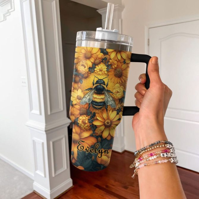 Bee With Sunflowers Custom Stanley Quencher 40Oz Stainless Steel Tumbler With Handle - Image 3