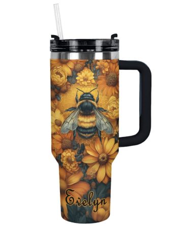 Bee With Sunflowers Custom Stanley Quencher 40Oz Stainless Steel Tumbler With Handle