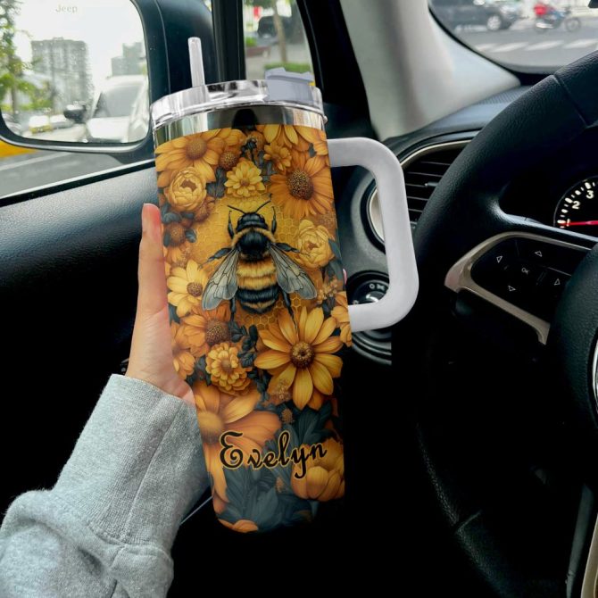 Bee With Sunflowers Custom Stanley Quencher 40Oz Stainless Steel Tumbler With Handle - Image 4