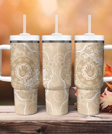 Beige Australia Lizard With Aboriginal Art Custom Stanley Quencher 40Oz Stainless Steel Tumbler With Handle