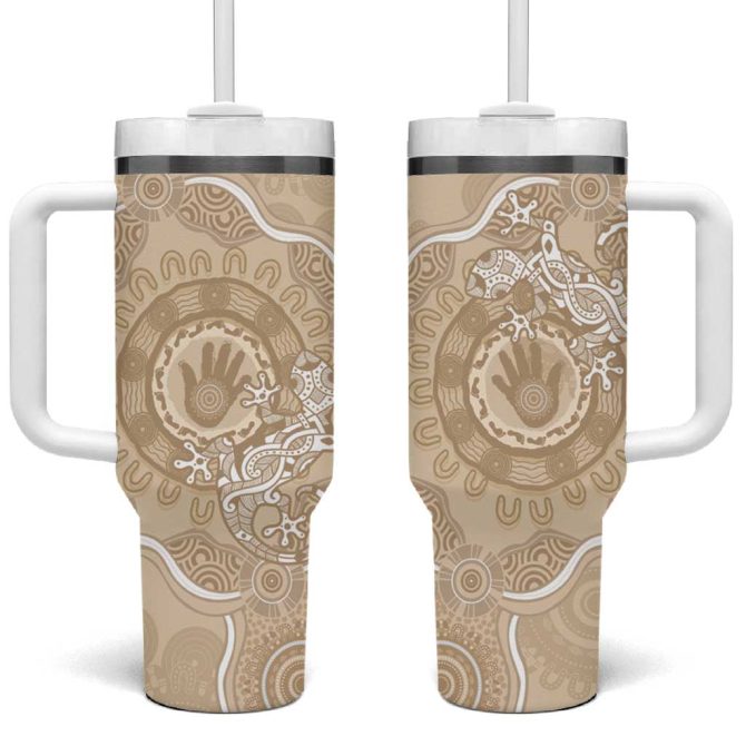 Beige Australia Lizard With Aboriginal Art Custom Stanley Quencher 40Oz Stainless Steel Tumbler With Handle - Image 2
