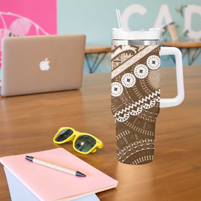 Beige Bula Fiji Fijian Language Week Tapa Cloth Pastel Custom Stanley Quencher 40Oz Stainless Steel Tumbler With Handle - Image 5