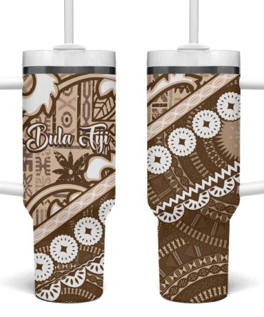 Beige Bula Fiji Fijian Language Week Tapa Cloth Pastel Custom Stanley Quencher 40Oz Stainless Steel Tumbler With Handle