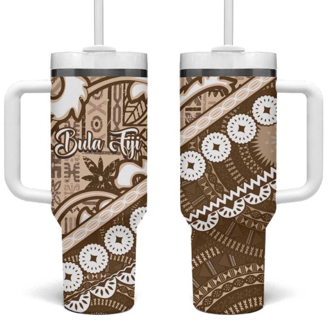 Beige Bula Fiji Fijian Language Week Tapa Cloth Pastel Custom Stanley Quencher 40Oz Stainless Steel Tumbler With Handle