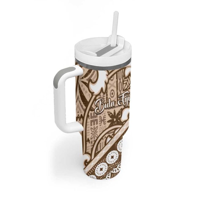 Beige Bula Fiji Fijian Language Week Tapa Cloth Pastel Custom Stanley Quencher 40Oz Stainless Steel Tumbler With Handle - Image 2
