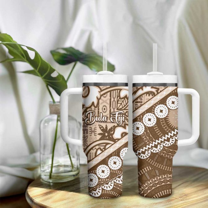 Beige Bula Fiji Fijian Language Week Tapa Cloth Pastel Custom Stanley Quencher 40Oz Stainless Steel Tumbler With Handle - Image 9