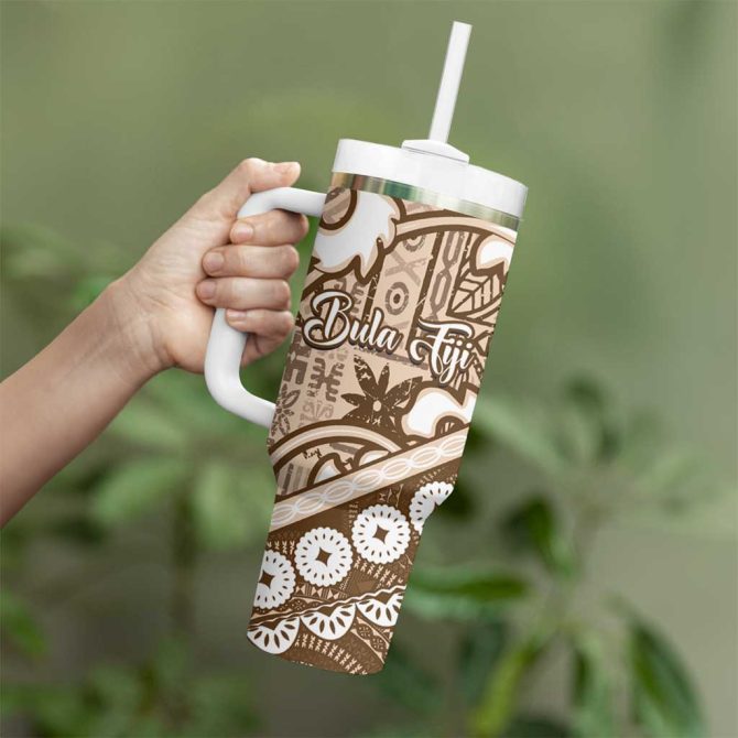 Beige Bula Fiji Fijian Language Week Tapa Cloth Pastel Custom Stanley Quencher 40Oz Stainless Steel Tumbler With Handle - Image 3