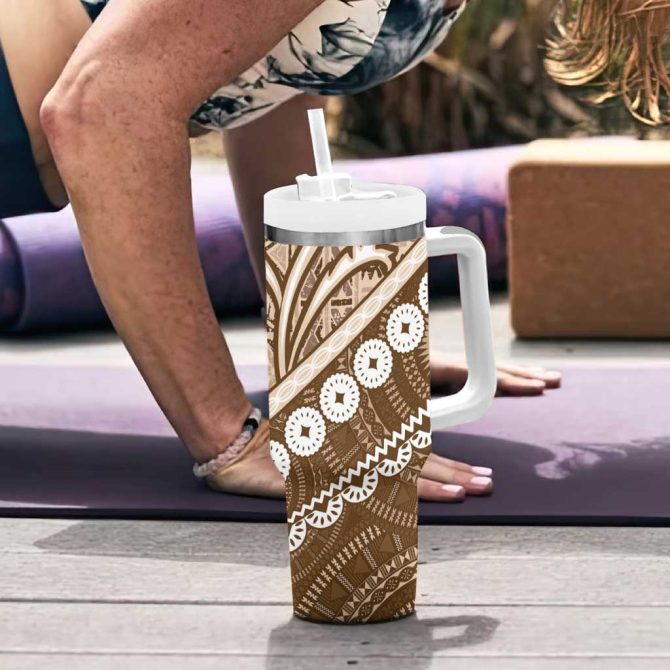 Beige Bula Fiji Fijian Language Week Tapa Cloth Pastel Custom Stanley Quencher 40Oz Stainless Steel Tumbler With Handle - Image 6