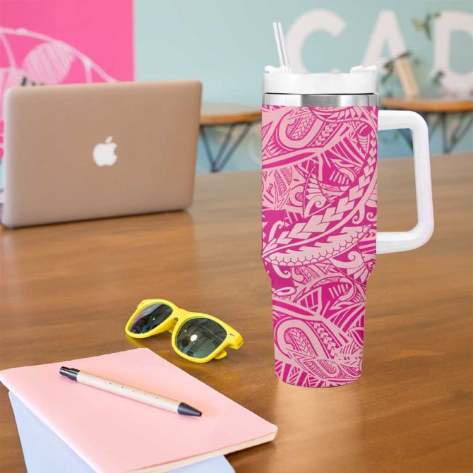 Beige Gradient Polynesia Hawaiian Tribal Hammerhead Shark Tattoo Custom Stanley Quencher 40Oz Stainless Steel Tumbler With Handle - Image 5