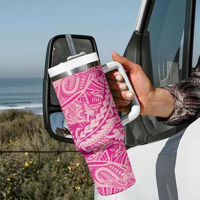 Beige Gradient Polynesia Hawaiian Tribal Hammerhead Shark Tattoo Custom Stanley Quencher 40Oz Stainless Steel Tumbler With Handle - Image 7