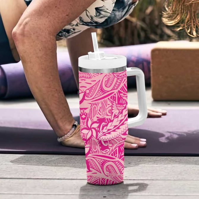 Beige Gradient Polynesia Hawaiian Tribal Hammerhead Shark Tattoo Custom Stanley Quencher 40Oz Stainless Steel Tumbler With Handle - Image 6