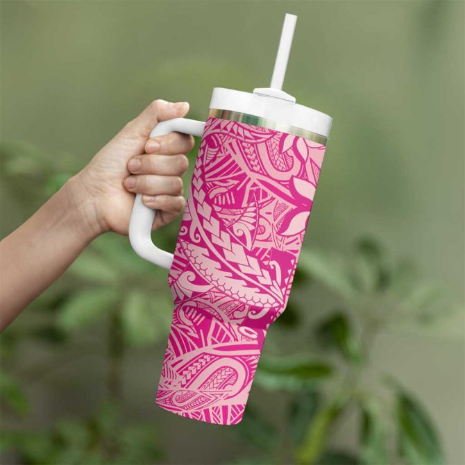 Beige Gradient Polynesia Hawaiian Tribal Hammerhead Shark Tattoo Custom Stanley Quencher 40Oz Stainless Steel Tumbler With Handle - Image 3