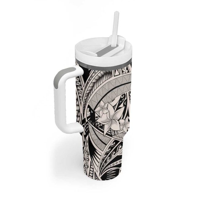 Beige Pacific Flowers Tribal Polynesian Custom Stanley Quencher 40Oz Stainless Steel Tumbler With Handle - Image 2