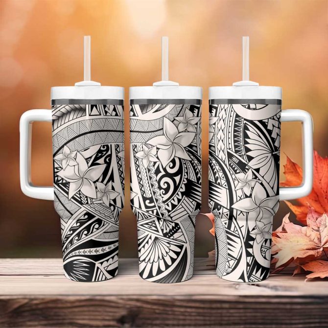 Beige Pacific Flowers Tribal Polynesian Custom Stanley Quencher 40Oz Stainless Steel Tumbler With Handle - Image 4