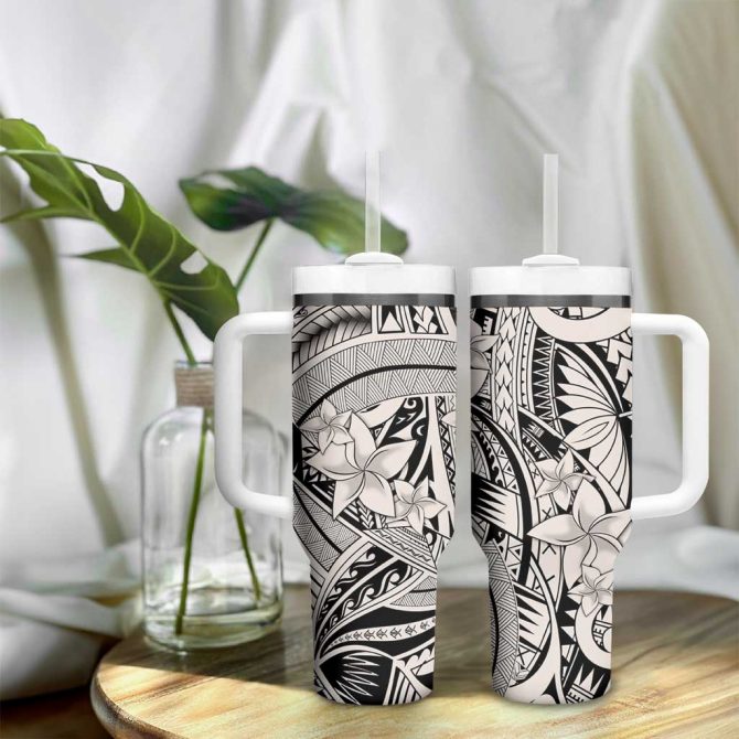 Beige Pacific Flowers Tribal Polynesian Custom Stanley Quencher 40Oz Stainless Steel Tumbler With Handle - Image 9