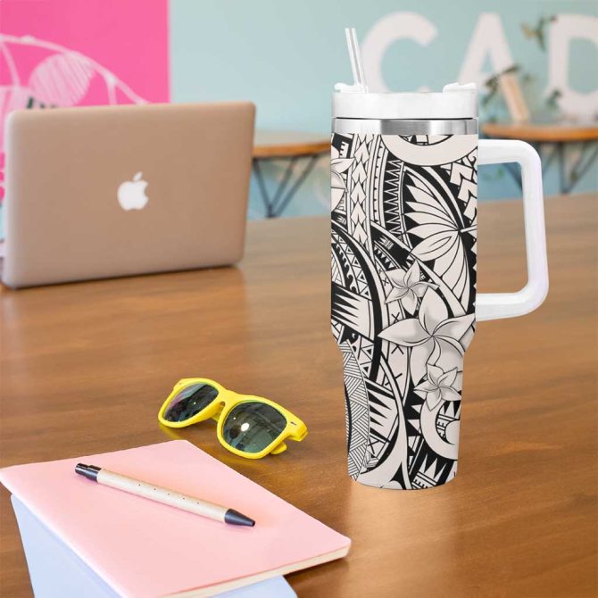 Beige Pacific Flowers Tribal Polynesian Custom Stanley Quencher 40Oz Stainless Steel Tumbler With Handle - Image 5