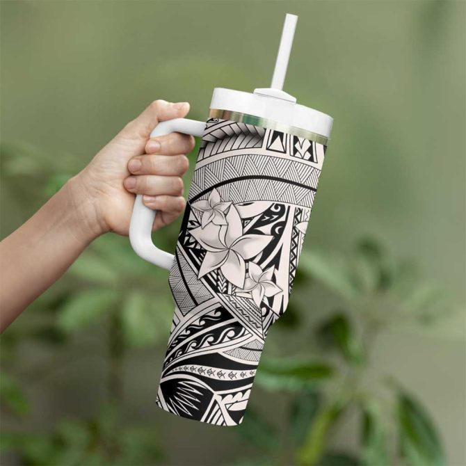 Beige Pacific Flowers Tribal Polynesian Custom Stanley Quencher 40Oz Stainless Steel Tumbler With Handle - Image 3