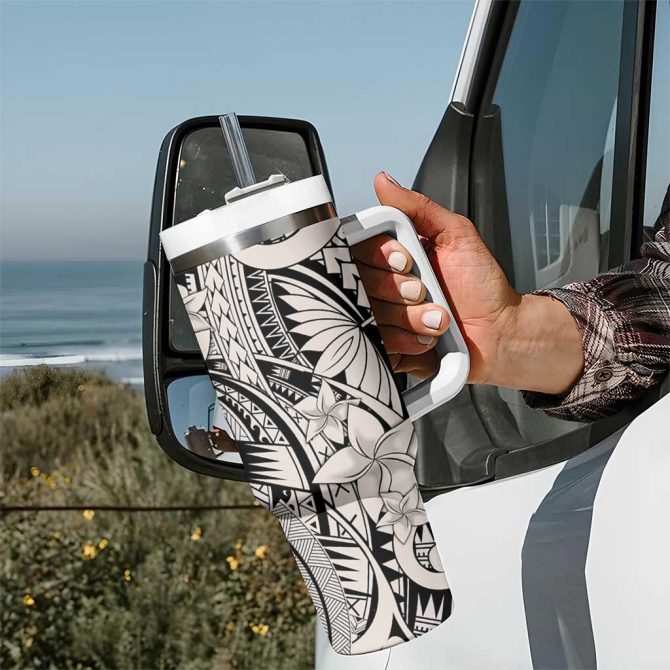 Beige Pacific Flowers Tribal Polynesian Custom Stanley Quencher 40Oz Stainless Steel Tumbler With Handle - Image 7