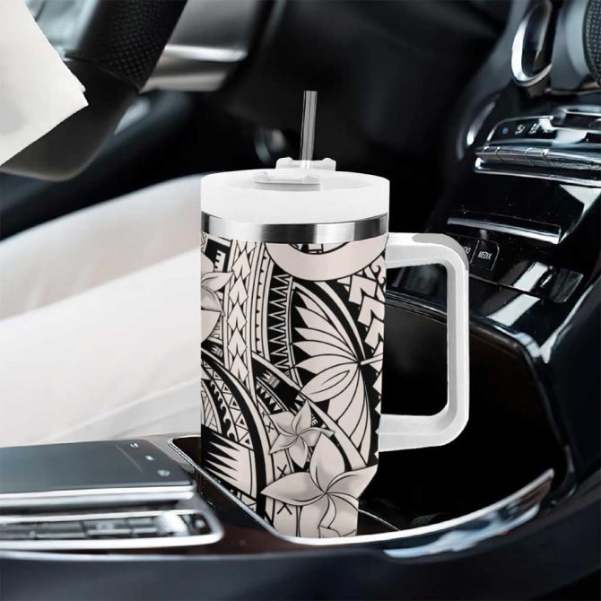 Beige Pacific Flowers Tribal Polynesian Custom Stanley Quencher 40Oz Stainless Steel Tumbler With Handle - Image 8