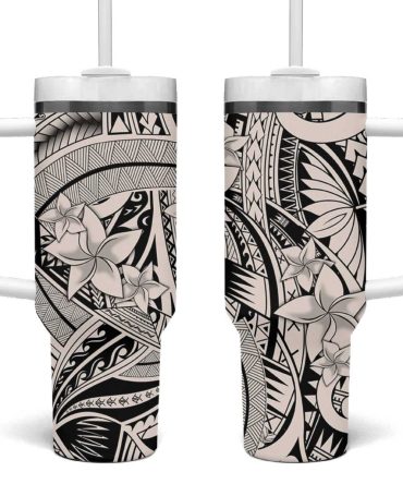 Beige Pacific Flowers Tribal Polynesian Custom Stanley Quencher 40Oz Stainless Steel Tumbler With Handle