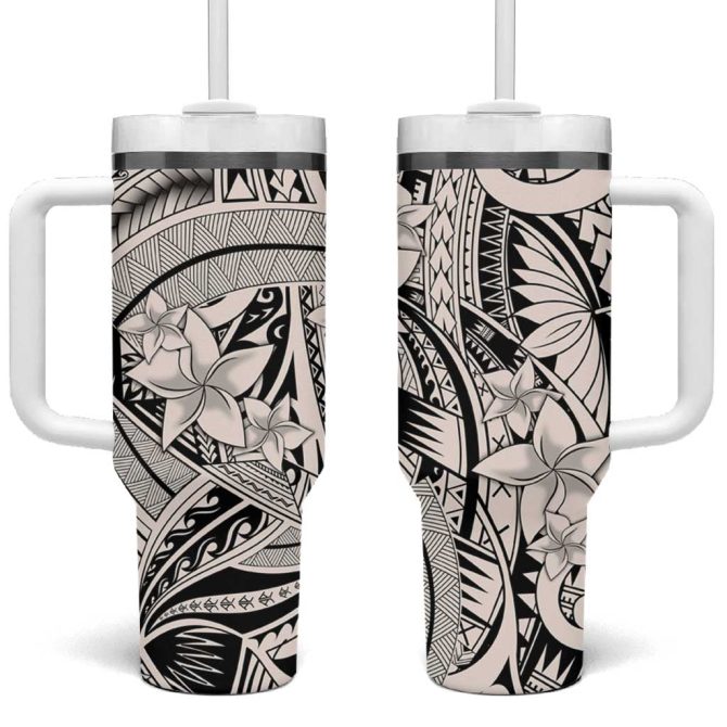 Beige Pacific Flowers Tribal Polynesian Custom Stanley Quencher 40Oz Stainless Steel Tumbler With Handle