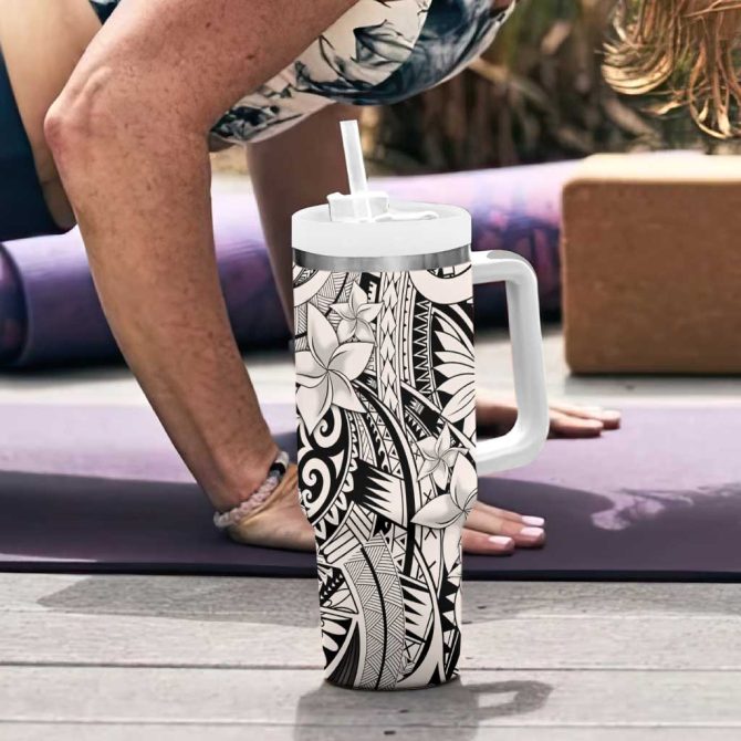Beige Pacific Flowers Tribal Polynesian Custom Stanley Quencher 40Oz Stainless Steel Tumbler With Handle - Image 6
