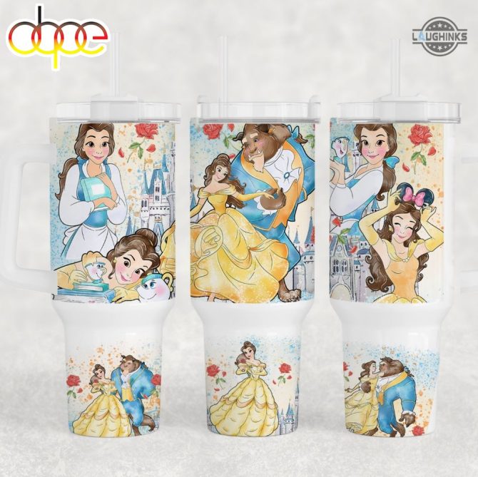 Belle Beauty And The Beast Cartoon Custom Stanley Quencher 40Oz Stainless Steel Tumbler With Handle