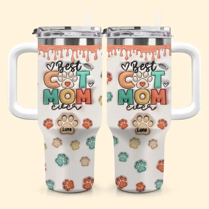 Best Cat Mom Ever Custom Stanley Quencher 40Oz Stainless Steel Tumbler With Handle - Image 2