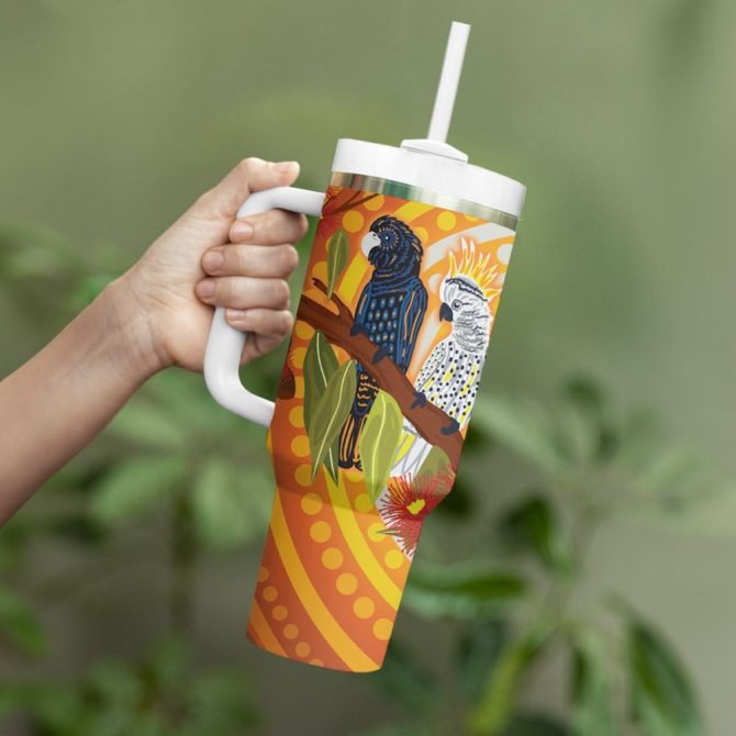 Black And White Cockatoo Birds Custom Stanley Quencher 40Oz Stainless Steel Tumbler - Image 4