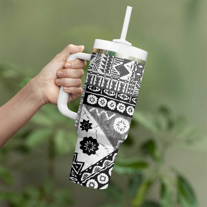 Black Bula Fiji Masi Tapa Custom Stanley Quencher 40Oz Stainless Steel Tumbler With Handle - Image 3