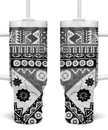 Black Bula Fiji Masi Tapa Custom Stanley Quencher 40Oz Stainless Steel Tumbler With Handle