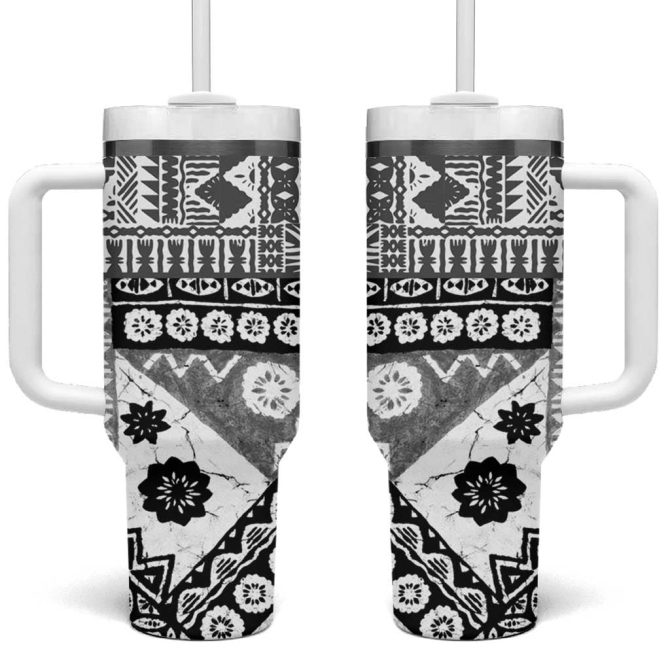 Black Bula Fiji Masi Tapa Custom Stanley Quencher 40Oz Stainless Steel Tumbler With Handle