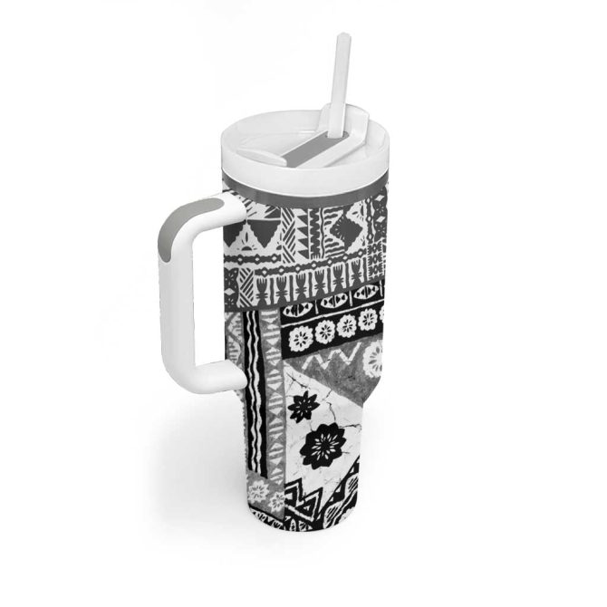 Black Bula Fiji Masi Tapa Custom Stanley Quencher 40Oz Stainless Steel Tumbler With Handle - Image 2