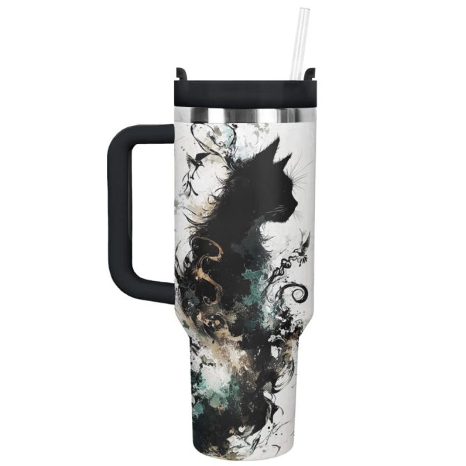 Black Cat Custom Stanley Quencher 40Oz Stainless Steel Tumbler With Handle