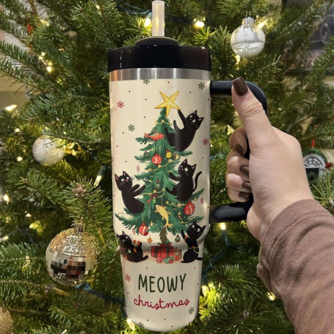 Black Cat Meowy Christmas Custom Stanley Quencher 40Oz Stainless Steel Tumbler With Handle - Image 3