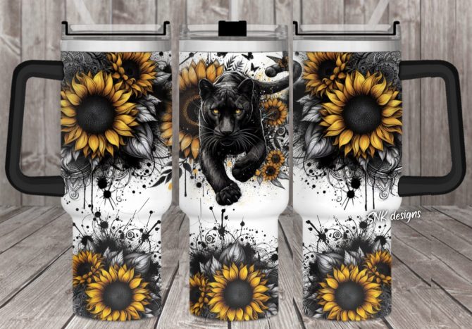 Black Panther Sunflower Custom Stanley Quencher 40Oz Stainless Steel Tumbler With Handle