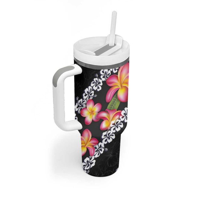 Black Polynesia Plumeria With Hibiscus Tropical Custom Stanley Quencher 40Oz Stainless Steel Tumbler With Handle - Image 2