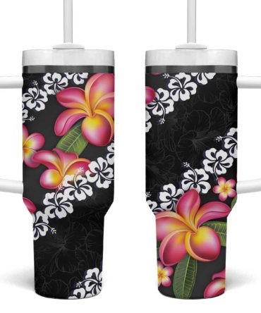 Black Polynesia Plumeria With Hibiscus Tropical Custom Stanley Quencher 40Oz Stainless Steel Tumbler With Handle