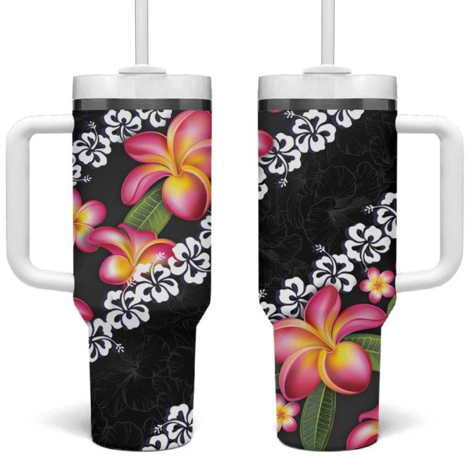 Black Polynesia Plumeria With Hibiscus Tropical Custom Stanley Quencher 40Oz Stainless Steel Tumbler With Handle