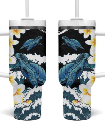 Black Polynesia Polynesian Frangipani With Sea Turtles Custom Stanley Quencher 40Oz Stainless Steel Tumbler With Handle