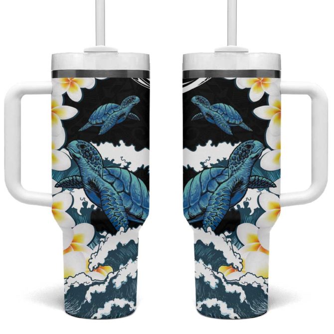 Black Polynesia Polynesian Frangipani With Sea Turtles Custom Stanley Quencher 40Oz Stainless Steel Tumbler With Handle