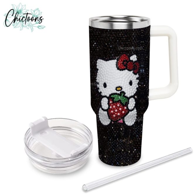 Black Rhinestone Bling Hello Kitty Cartoon Custom Stanley Quencher 40Oz Stainless Steel Tumbler - Image 2