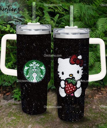 Black Rhinestone Bling Hello Kitty Cartoon Custom Stanley Quencher 40Oz Stainless Steel Tumbler