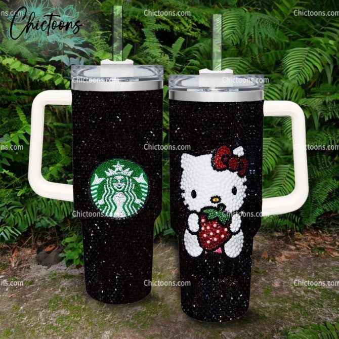 Black Rhinestone Bling Hello Kitty Cartoon Custom Stanley Quencher 40Oz Stainless Steel Tumbler