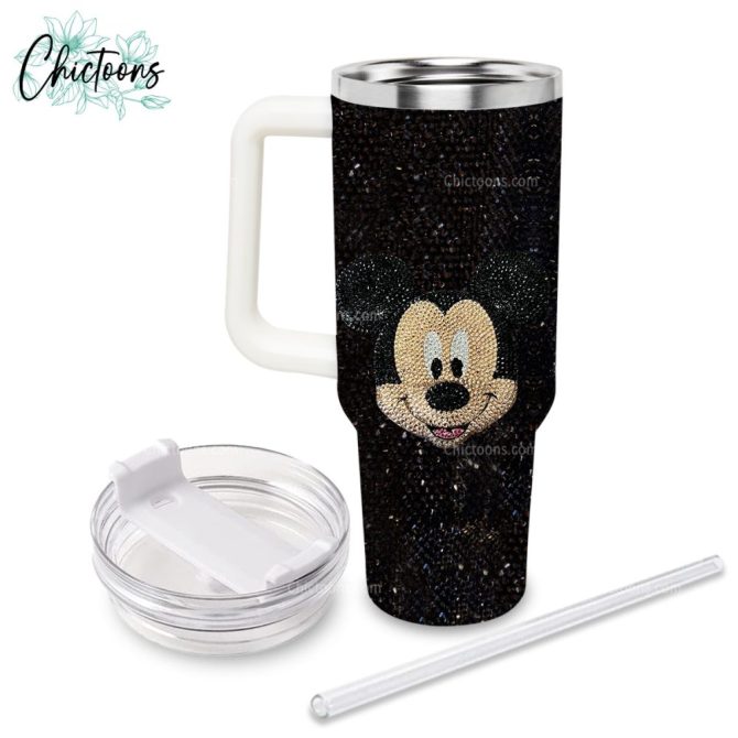 Black Rhinestone Bling Mickey Mouse Cartoon Custom Stanley Quencher 40Oz Stainless Steel Tumbler - Image 3