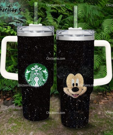 Black Rhinestone Bling Mickey Mouse Cartoon Custom Stanley Quencher 40Oz Stainless Steel Tumbler